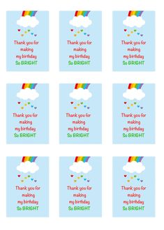 thank you for making my birthday so bright with rainbows and clouds on blue background