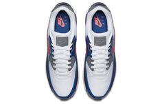 Nike Air Max 90 ESSENTIAL White/SOLAR Red-OBSIDIAN-GYM BLUE 537384-135 Sporty Blue Nike Air Max For Sports, Red Nike Air Max For Sports, Sporty Red Nike Air Max For Sports, Nike Air Max For Sports, Blue Nike Air Max For Sports, Blue Nike Air Max Sports Shoes With Breathable Design, Vapour Max Nike, Air Jordans Women, Nike Sacai