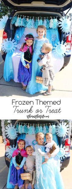 frozen themed trunk of a truck with kids dressed up as princesses and snowflakes