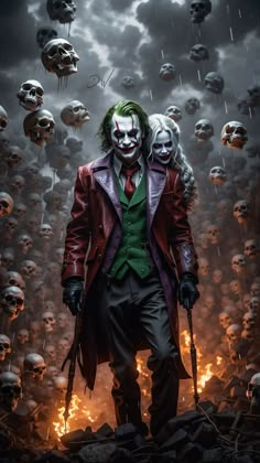 the joker movie poster with skulls in the background