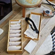 an open box with some papers in it on a table next to a camera and a map