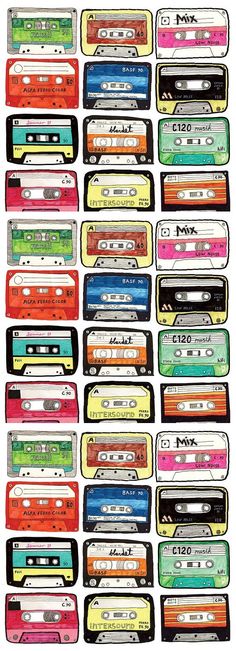 a bunch of cassettes that are all different colors