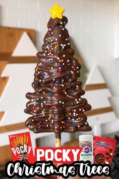 a christmas tree made out of chocolate and sprinkles with the words rocky christmas trees