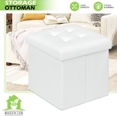 the storage ottoman is white in color