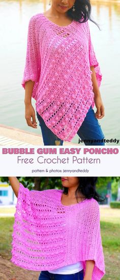 a woman wearing a pink crochet shawl with text that reads bubble gum easy poncho free crochet pattern