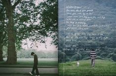 an image of a man walking with his dog in the park and another photo of a person standing next to a tree