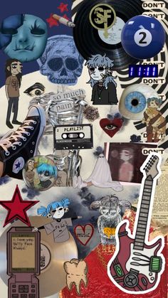 a collage of various stickers and pictures on a sheet of paper with an image of a guitar