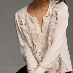 Tiny Brand From Anthropologie, New With Tags, Beautiful Shirt, Large Feminine Embroidered Cream Tops, Feminine Embroidered Beige Tops, Feminine Cream Embroidered Tops, Floral Embroidered V-neck Top For Brunch, V-neck Tops With Floral Embroidery For Brunch, V-neck Top With Floral Embroidery For Brunch, Beige Feminine Tops With Floral Embroidery, Feminine Embroidered White Tops, Feminine Long Sleeve Embroidered Tops