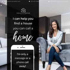 a woman sitting on a couch in front of a phone with the caption i can help you find a house you can call a home