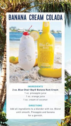 an advertisement for banana cream colaa on the beach with two bottles and a drink