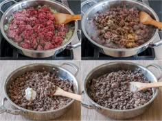 three pictures showing the process of cooking beef and rice in pots with wooden spoons