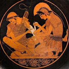 an ancient greek vase with two men playing instruments and drinking from a wine glass in front of them