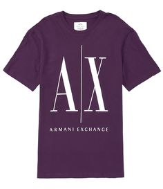 From Armani Exchange&#x2C; this tee features:crew necklineshort sleevespullover stylinglarge icon logo on frontclassic fitcottonmachine wash; tumble dryImported. Summer Logo Tops With Crew Neck, Purple Cotton Logo Print Top, Summer Purple Logo Print T-shirt, Summer Purple T-shirt With Logo Print, Summer Crew Neck Top With Logo, Purple Cotton Tops With Logo Print, Tan Crew Neck Shirt With Logo Print, Tan Crew Neck Top With Logo Print, Purple Short Sleeve Top With Logo Print