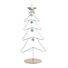 a metal christmas tree with ornaments on it