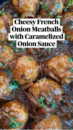 chicken meatballs with caramelized onion sauce in a skillet that is ready to be eaten