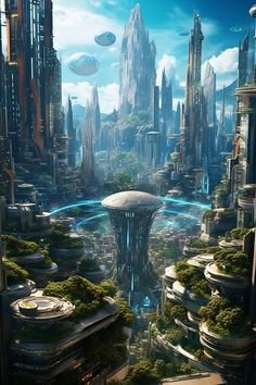 a futuristic city with lots of tall buildings and green trees in the foreground, surrounded by