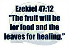 an image with the words exekil 47 12, the fruit will be for food and the leaves for heating