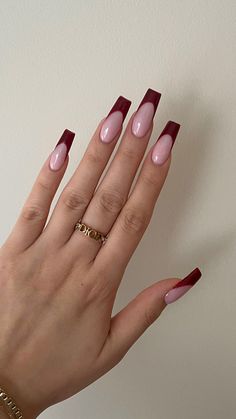 Burgundy Inspired Nails, Burgundy Long Acrylic Nails, Nails Latina Red, Senora Nails, French Tip Acrylic Nails Burgundy, Call Acrylic Nail Designs, Burgundy Nail French Tip, Prom Burgundy Nails, Crimson Red Nails Acrylic