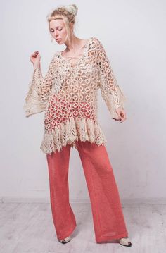 Punto étnico túnica de punto crudo lino túnica ganchillo | Etsy Crochet Loose Top, Loose Tunic, Folk Style, Linen Yarn, Lace Tunic, Folk Fashion, Loose Top, Linen Tunic, Boho Crochet