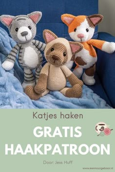 three crocheted stuffed animals sitting next to each other on a blue blanket with the title