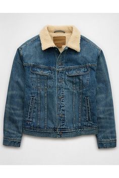 Rigid denim shell with sherpa fleece lining/Collared neck/Button-up front/Chest pockets with button flap closures/Front welt pockets Trucker Jacket, Chest Pocket, Welt Pocket, American Eagle Outfitters, American Eagle, Button Up, Women Jeans