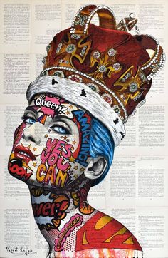 a drawing of a woman wearing a crown on top of her head with words all over it