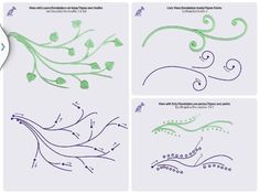 four different designs with green and blue ink on white paper, each one has an image of