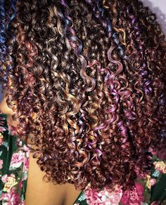 Curly Hair Unnatural Color, Curly Hair Rainbow Highlights, Red Highlights Natural Hair, Glitter Curly Hair, Dark Purple On Curly Hair, Multicolored Curly Hair, Hair Dyes For Curly Hair, Cute Dyed Curly Hair, Best Colors To Dye Your Hair