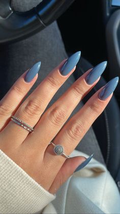 Winter nails | Nail Design by Amandastyles24 Blue Gray Nails Acrylic Almond, Sky Blue Almond Acrylic Nails, Nailpolish Trend 2023, Prom Nails Acrylic Classy Blue, Slate Blue Acrylic Nails, Nail Designs For Blue Dress, 2024 Color Of The Year Nails, Matte Dusty Blue Nails, Steel Blue Nails Acrylic