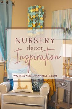 a room with a couch, chair and lamp in it that says nursery decor inspiration