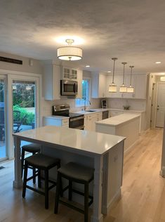 a kitchen with an island and two stools