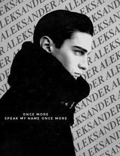 a black and white photo of a young man with the words'once more speak my name one more '