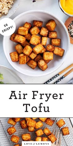 an air fryer tofu recipe in a white bowl on top of a table