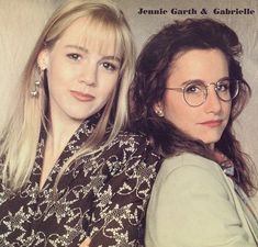 two women sitting next to each other in front of a white background with the words jeanie gart & charlotte written on it