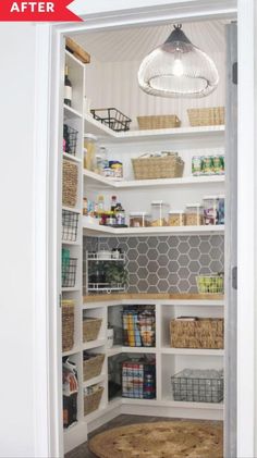 an open pantry door with baskets and other items in the shelves on top of it