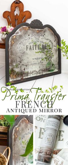 an antique mirror with the words prince triggerer on it is shown in three different pictures