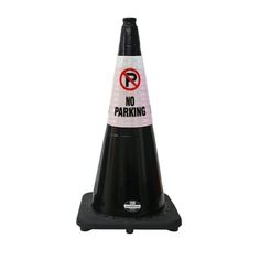 a black and white traffic cone with a no parking sign on it