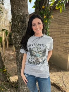 Life is Better by the Campfire Tee- ASK Apparel LLC Pre-shrunk T-shirt For Outdoor Fall Activities, Graphic Print T-shirt For Fall Camping, Fall Camping T-shirt With Letter Print, Graphic Tee Camp Shirt With Short Sleeves, Casual Pre-shrunk Camp Shirt For Camping, Casual Pre-shrunk Camp Shirt, Crew Neck T-shirt For Camping In Fall, Crew Neck T-shirt For Fall Camping, Casual Graphic Print Camp Shirt