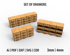 three wooden drawers are shown with measurements for each drawer in the same size and shape