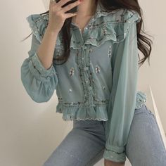 Total Length: 18.90 In Bust: 35.43 In Sleeve Length: 20.87 In Shoulder Width: 13.39 In Material: Cotton Color: Blue Brand New Floral Chiffon Blouse, Cheap Blouses, Floral Lace Tops, Beautiful Blouses, Chiffon Blouse, Blouse Vintage, Chiffon Tops, Shirt Outfit, Fashion Brand