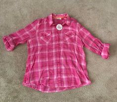 SO Plaid Girl's Long Sleeve Shirt - Pink - Size 20 1/2 - New NWT  Brand new with tags. Shirt can be folded to 3/4 sleeve length with a strap and button attachment (please see photo).  Materials: 99% cotton and 1% other fiber. Please see my other items for more children's clothing. Shipping will be combined if you win more than one item! Lumberjack, Pink Plaid, Girls Long Sleeve, Outfits For Teens, Women's Plaid Shirt, Size 20, Long Sleeve Shirt, Childrens Clothes, Sleeve Shirt