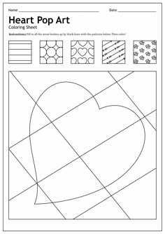 the heart pop art worksheet is shown in black and white, with different shapes