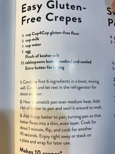 an open book with instructions on how to make gluten - free crepes