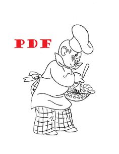 a drawing of a cartoon character holding a basket and wearing a hat with the word pdf on it