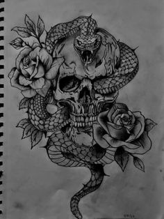 a drawing of a snake and skull with roses