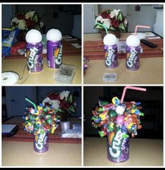 four different shots of the same flower arrangement with candy bars and flowers in each vase