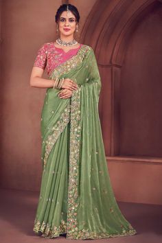 Embroidered Work Imposing Organza Saree In Sea Green Color