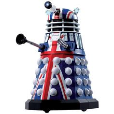 a toy that is sitting on top of a stand with balls in the shape of a doctor who appears to be daleite