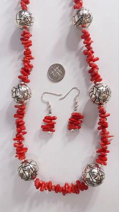 Handmade Boho Womens Girls Genuine Red Noble Coral Bamboo Coral Silver Tone Artist Designed Jewelry Necklace Earring Set Excellent Gift Necklace One of a Kind Beautiful handmade special coral necklace and earring set....GORGEOUS! HIGH GRADE RARE VINTAGE Noble coral and bamboo coral red color, ARTISAN silver tone DESIGNER etched beads and findings, necklace with delicate coral matching earrings. VERY COOL Necklace 23 inches Earrings 1 1/4 inches Beautiful handcrafted ARTIST DESIGNED by CARRIE WHI Red Coral Jewelry With Natural Stones In Round Beads, Red Round Beads Stone Jewelry, Red Round Beaded Stone Jewelry, Red Jewelry With Round Beads And Stones, Red Stone Jewelry Sets For Gift, Adjustable Red Coral Jewelry, Handmade Red Coral Jewelry, Red Coral Round Beads For Jewelry Making, Coral Jewelry With Natural Round Beads