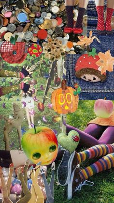 a collage of many different items including apples, mushrooms and other things in the grass